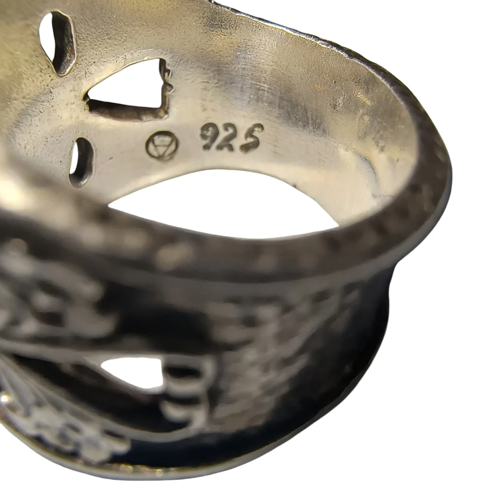 Vintage Garnet And Sterling Silver Wide Band Artisan Ring